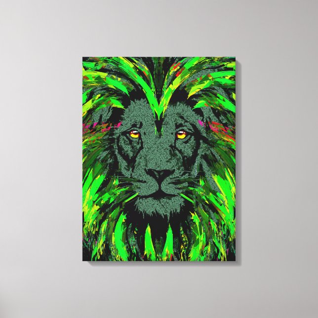 Green Lion Head Wrapped Canvas Lion Face Portrait  (Front)