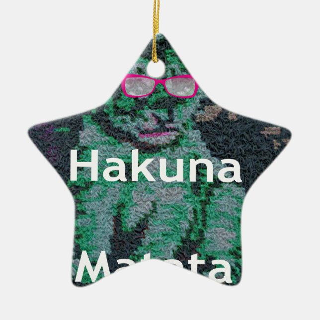 Green Lion with Pink Glasses "Hakuna Matata" Art   Ceramic Tree Decoration (Front)