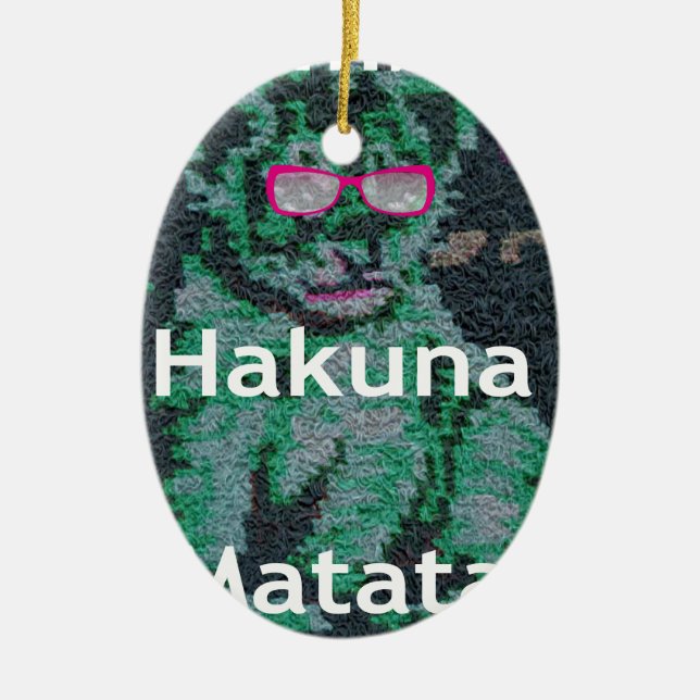 Green Lion with Pink Glasses "Hakuna Matata" Art   Ceramic Tree Decoration (Front)