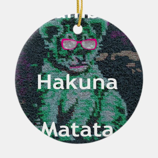 Green Lion with Pink Glasses "Hakuna Matata" Art   Ceramic Tree Decoration (Front)