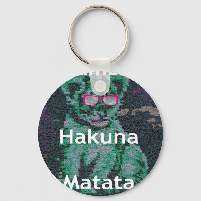 Green Lion with Pink Glasses "Hakuna Matata" Art   Key Ring (Front)