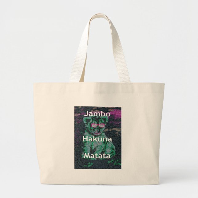 Green Lion with Pink Glasses "Hakuna Matata" Art   Large Tote Bag (Front)