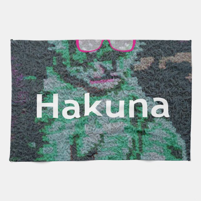 Green Lion with Pink Glasses "Hakuna Matata" Art   Tea Towel (Horizontal)