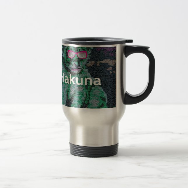 Green Lion with Pink Glasses "Hakuna Matata" Art   Travel Mug (Right)