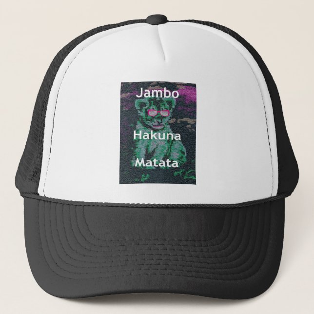Green Lion with Pink Glasses "Hakuna Matata" Art   Trucker Hat (Front)