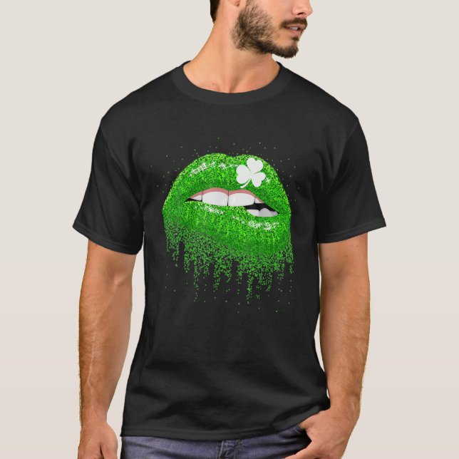 Green Lips Biting Clover Irish Costume St. Patrick T-Shirt (Front)