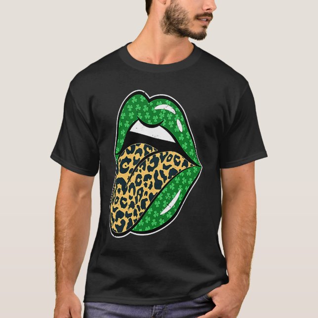 Green Lips Leopard Print Tongue Out St Patricks Da T-Shirt (Front)