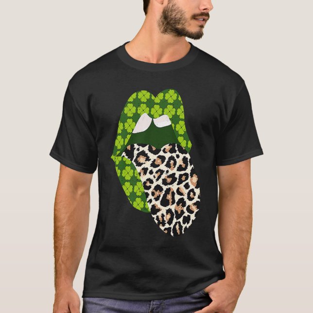Green Lips Leopard Print Tongue Out St Patricks Da T-Shirt (Front)