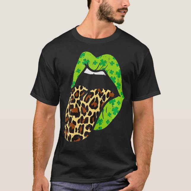 Green Lips Leopard Print Tongue Out St Patricks T-Shirt (Front)