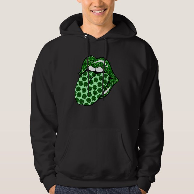 Green Lips Mouth Shamrock Tongue Out Saint Patrick Hoodie (Front)