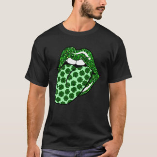 Green Lips Mouth Shamrock Tongue Out Saint Patrick T-Shirt