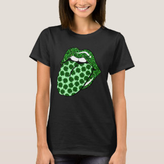 Green Lips Mouth Shamrock Tongue Out Saint Patrick T-Shirt