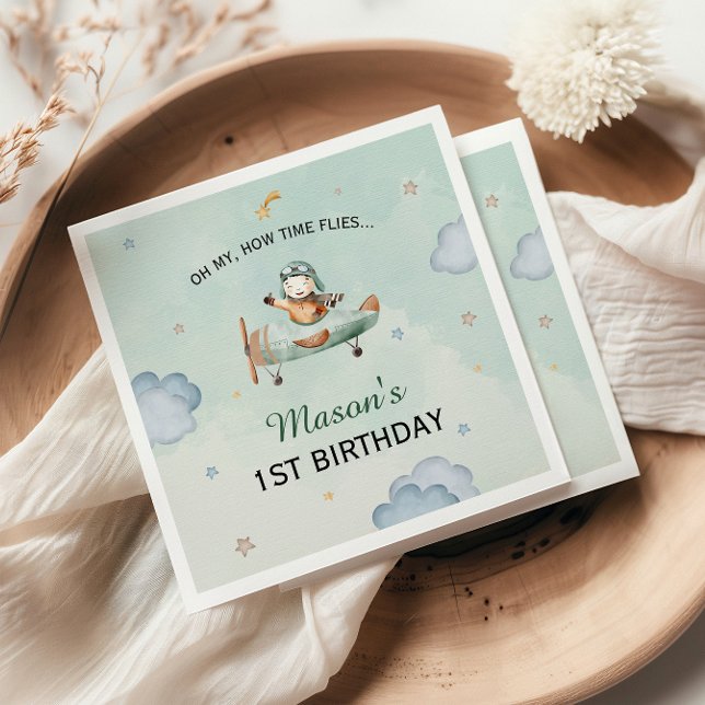 Green Little Aviator Sky Adventure 1st Birthday Napkin (Creator Uploaded)