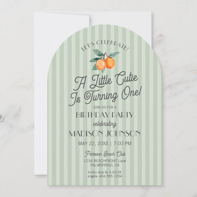 Green Little Cutie Citrus Birthday Party Invitation (Front)