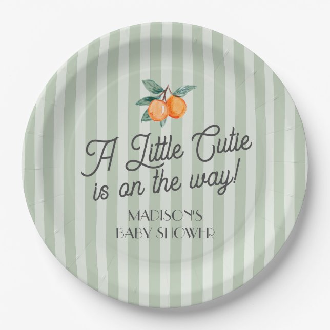 Green Little Cutie On The Way Citrus Baby Shower Paper Plate (Front)
