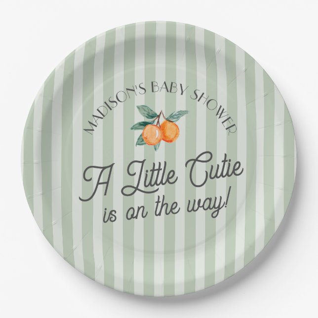 Green Little Cutie On The Way Citrus Baby Shower Paper Plate (Front)
