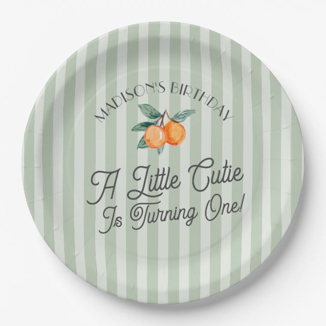 Green Little Cutie Pastel Citrus Birthday Party Paper Plate (Front)