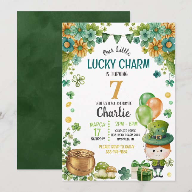 Green Little Leprechaun Boy St. Patricks Birthday Invitation (Front/Back)