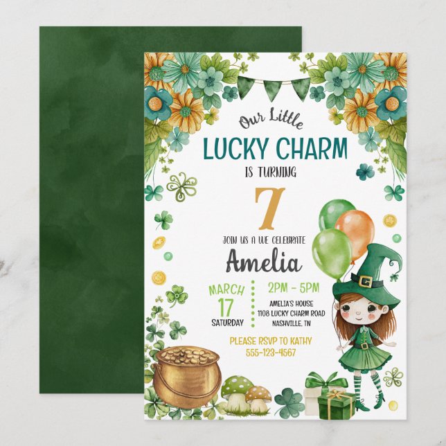 Green Little Leprechaun Girl St. Patricks Birthday Invitation (Front/Back)