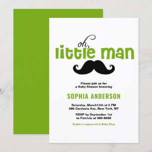 Green Little Man Moustache Baby Shower Invitation