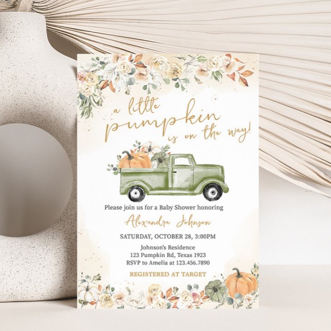 Green Little Pumpkin Baby Shower Invitation (Green Truck Pumpkin Baby Shower Invitation)