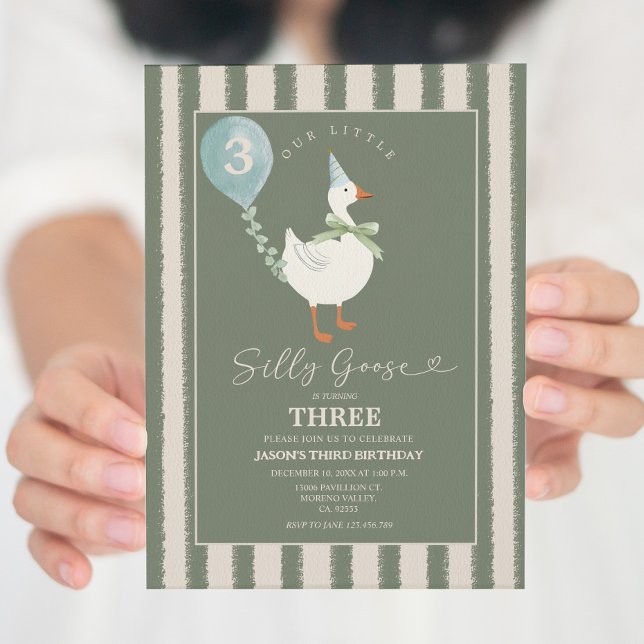 Green Little Silly Goose Balloon Boy 3rd Birthday Invitation (Creator Uploaded)