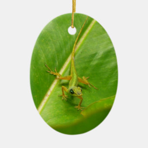 Green Lizard on Green Leaf Ceramic Tree Decoration