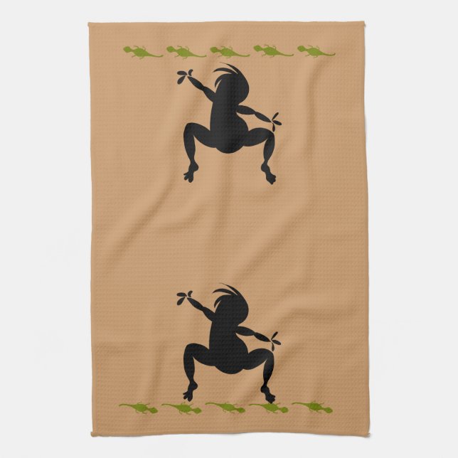 Green Lizards & Dancing Kokopelli Tea Towel (Vertical)