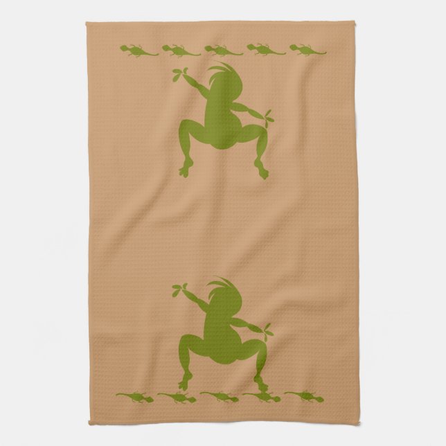 Green Lizards & Dancing Kokopelli Tea Towel (Vertical)