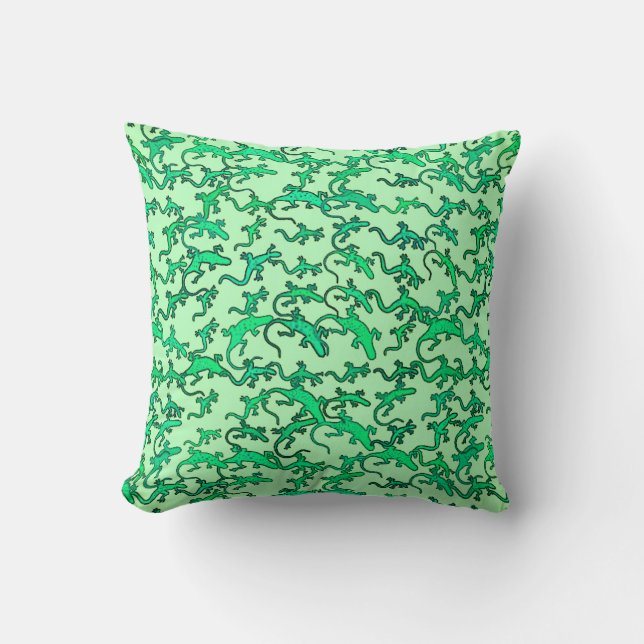 Green lizards on a lime green background cushion (Front)