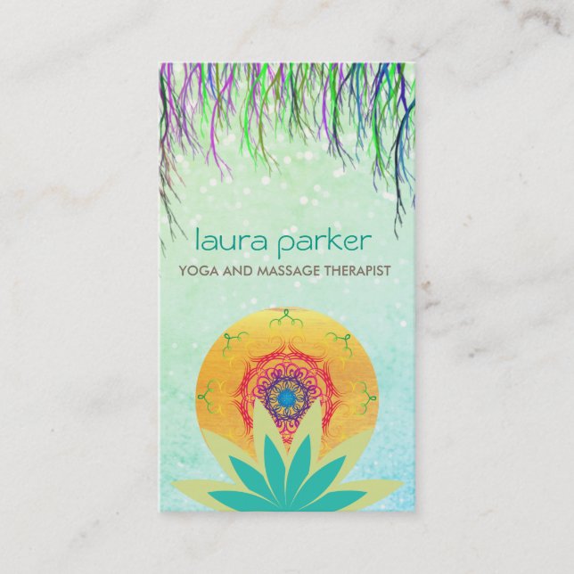 Green Lotus Flower Mandala Logo Yoga Healing Business Card (Front)
