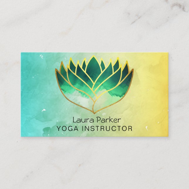Green Lotus Flower Yoga Teacher Holistic Wellness Business Card (Front)