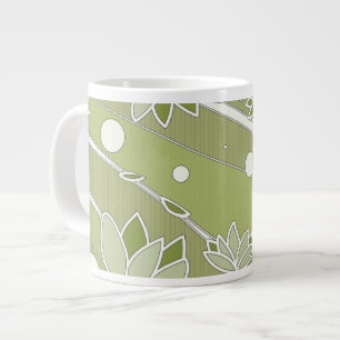 Green Lotus Flowers on Olive Stripes Large Coffee Mug