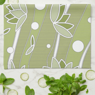 Green Lotus Flowers on Olive Stripes Tea Towel
