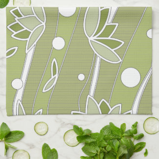 Green Lotus Flowers on Olive Stripes Tea Towel