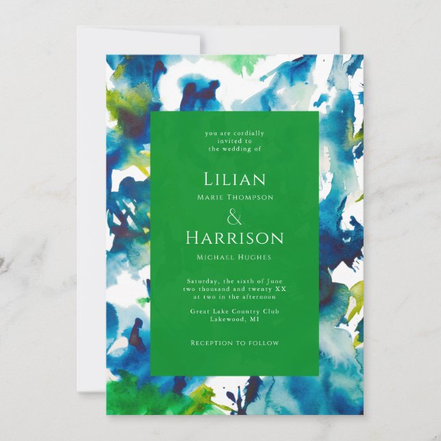 Green Love Abstract Watercolor Wedding Invitation (Front)
