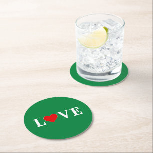 Green LOVE Heart Retro Timeless Elegant Round Paper Coaster