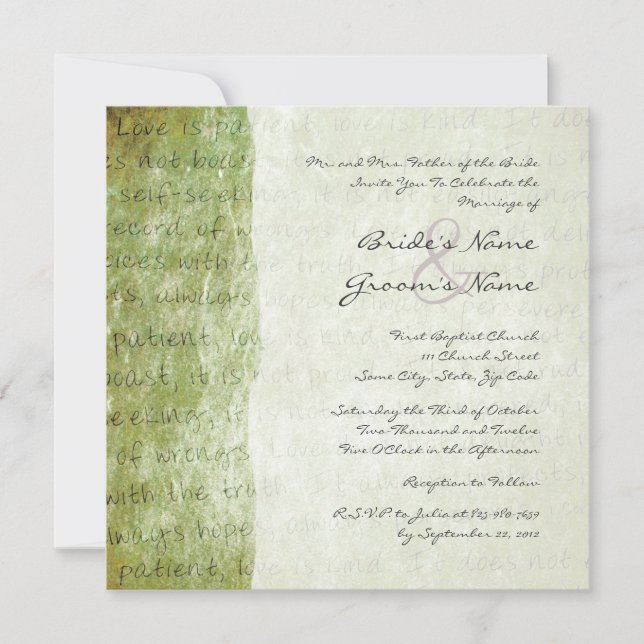 Green Love is Patient Vintage Wedding Invitation (Front)