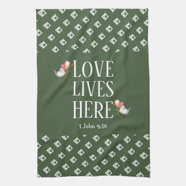 Green | LOVE LIVES HERE | Stylish Customisable Tea Towel (Vertical)