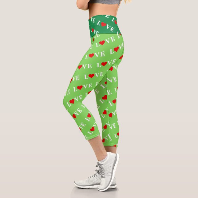 Green LOVE Motif Stylish Lime Green Capri Leggings (Left)