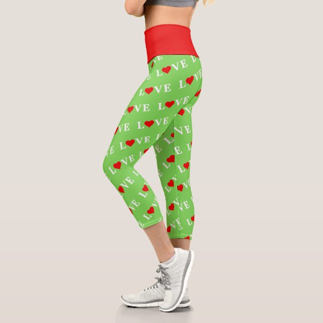 Green LOVE Motif Stylish Lime Green Capri Leggings (Left)