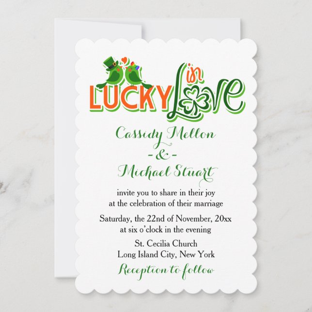 Green Lovebirds And Shamrock Wedding Wedding Invitation (Front)