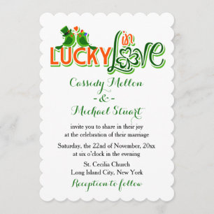 Green Lovebirds And Shamrock Wedding Wedding Invitation