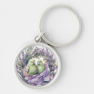 Green Lovebirds Whimsical Purple Wreath Watercolor Key Ring