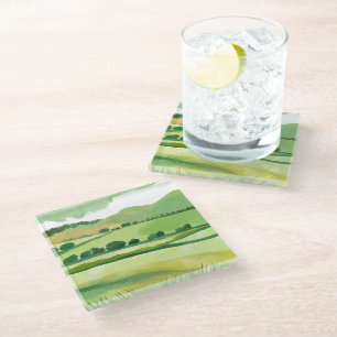 Green Lucious Hillside   Nature Watercolor Glass Coaster