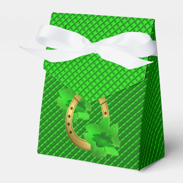 green,luck gift, horseshoe, shamrock, green, gold favour box (Front Side)