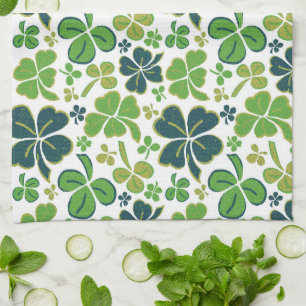 Green Lucky 4 Leaves Shamrocks Clover Pattern Tea Towel
