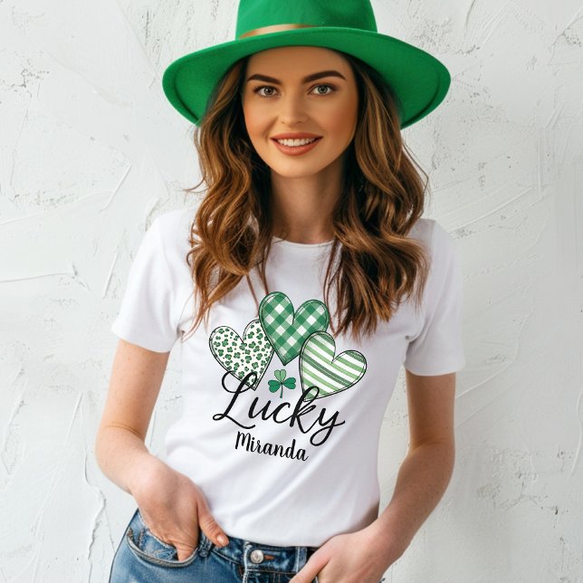 Green Lucky Hearts Personalised  St. Patrick's T-Shirt (Green Lucky Hearts Personalized St. Patrick's T-Shirt)