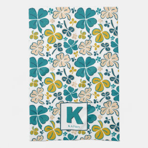 Green Lucky Shamrock Clover Pattern Monogrammed Tea Towel