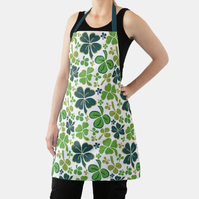 Green Lucky Shamrocks Clover St. Patrick`s Day Apron (Insitu)